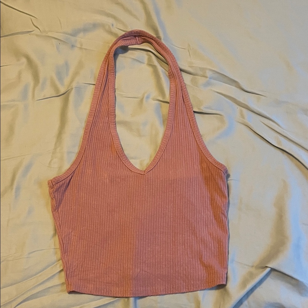 Bozzolo Ribbed V-Neck Crop Top in Coral